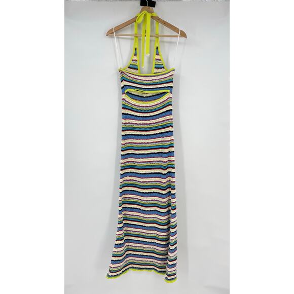 STAUD | Annabella Crochet Knit Striped Halterneck Maxi Dress in Pacific Reef S - Picture 4 of 11